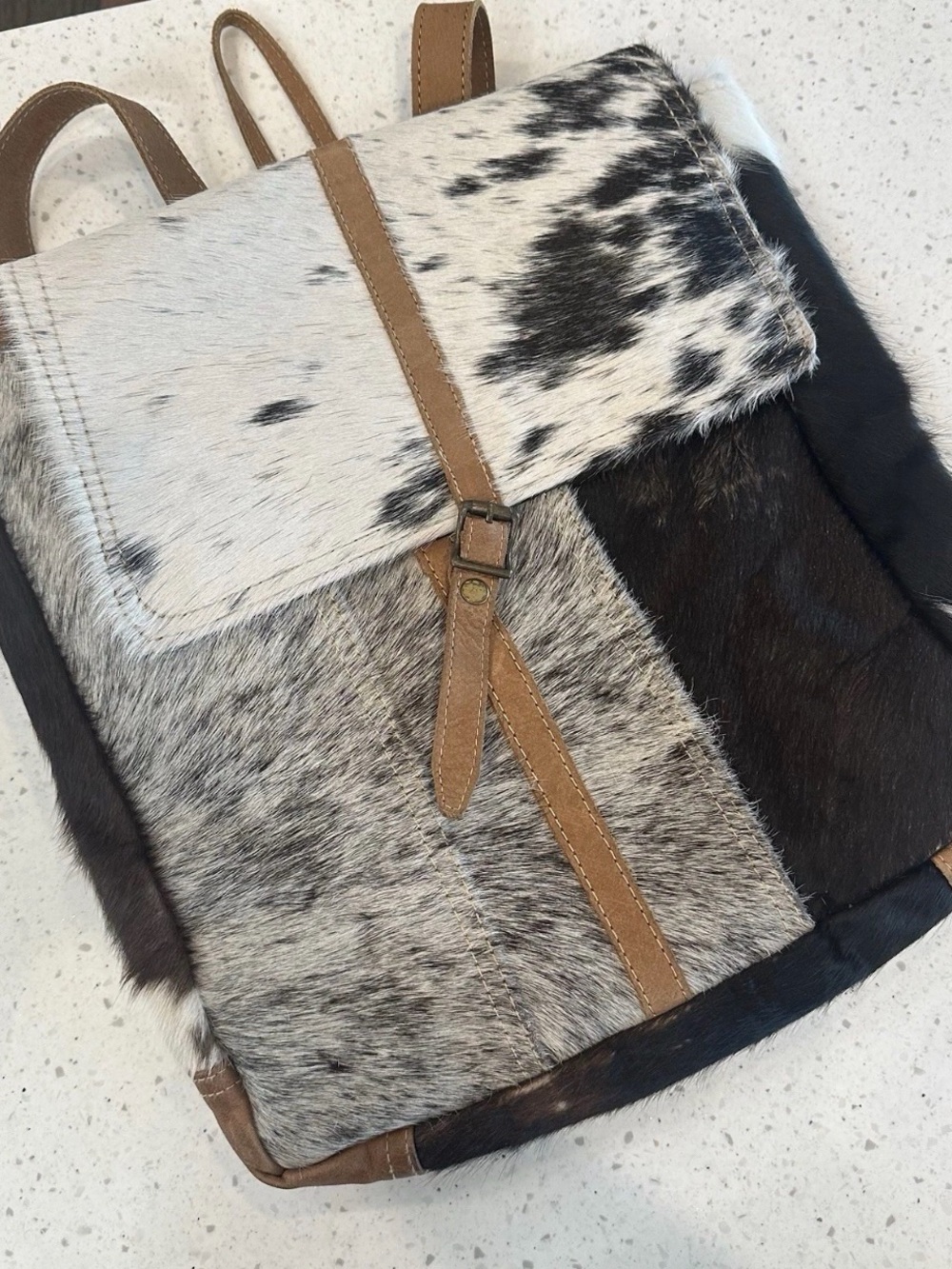 Myra Bag Patchwork Cowhide Backpack in Black, Brown, White